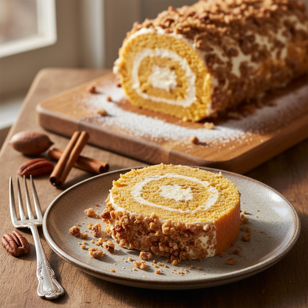 Cozy Pumpkin Roll Cake With Cream Cheese & Brown Sugar Pecan Streusel