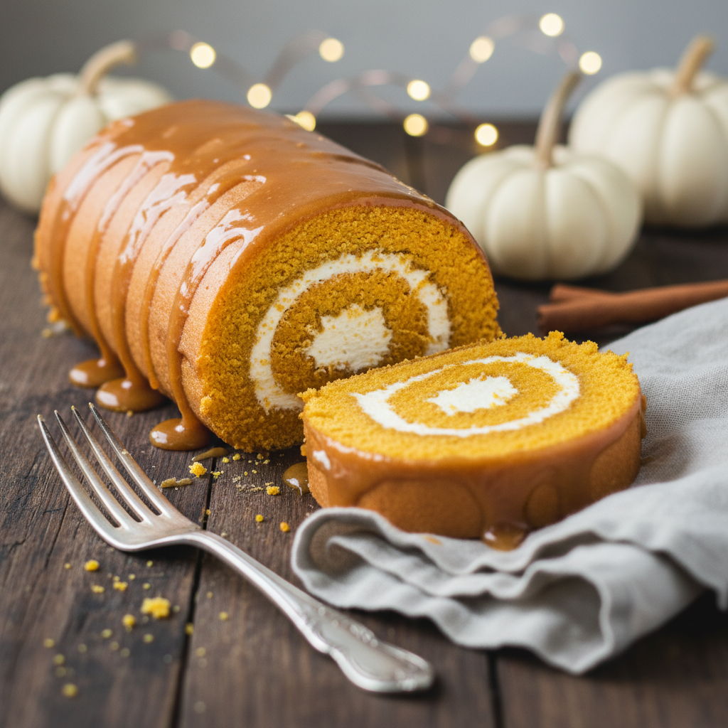 Cozy Pumpkin Roll Cake With Cream Cheese and Maple Glaze