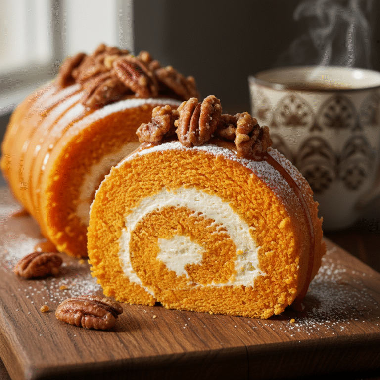 The Ultimate Cozy Pumpkin Roll Cake With Cream Cheese & Pecan Topping