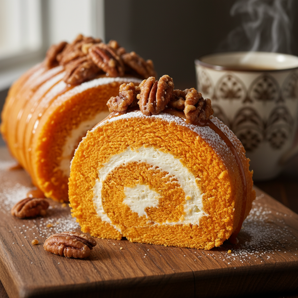 The Ultimate Cozy Pumpkin Roll Cake With Cream Cheese & Pecan Topping