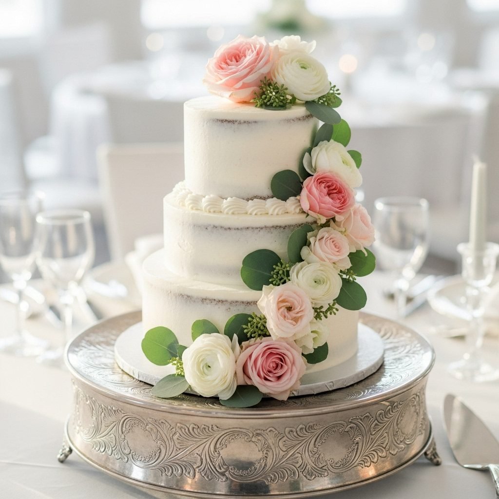 Elegant Almond Wedding Cake With Fresh Flowers