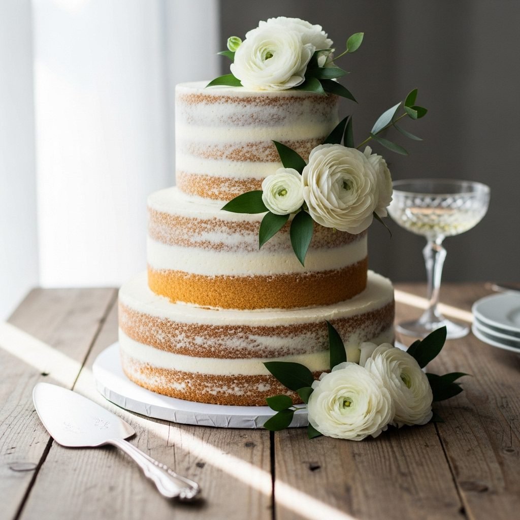 Elegant Almond Wedding Cake With Naked Frosting Style