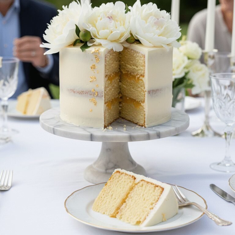 Royal Lemon Elderflower Wedding Cake with Gold Leaf Decoration