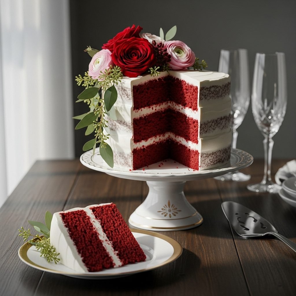 Elegant Red Velvet Anniversary Cake With Fresh Flowers