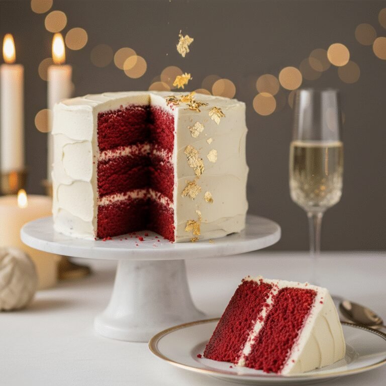 Elegant Red Velvet Anniversary Cake With Gold Leaf Decoration