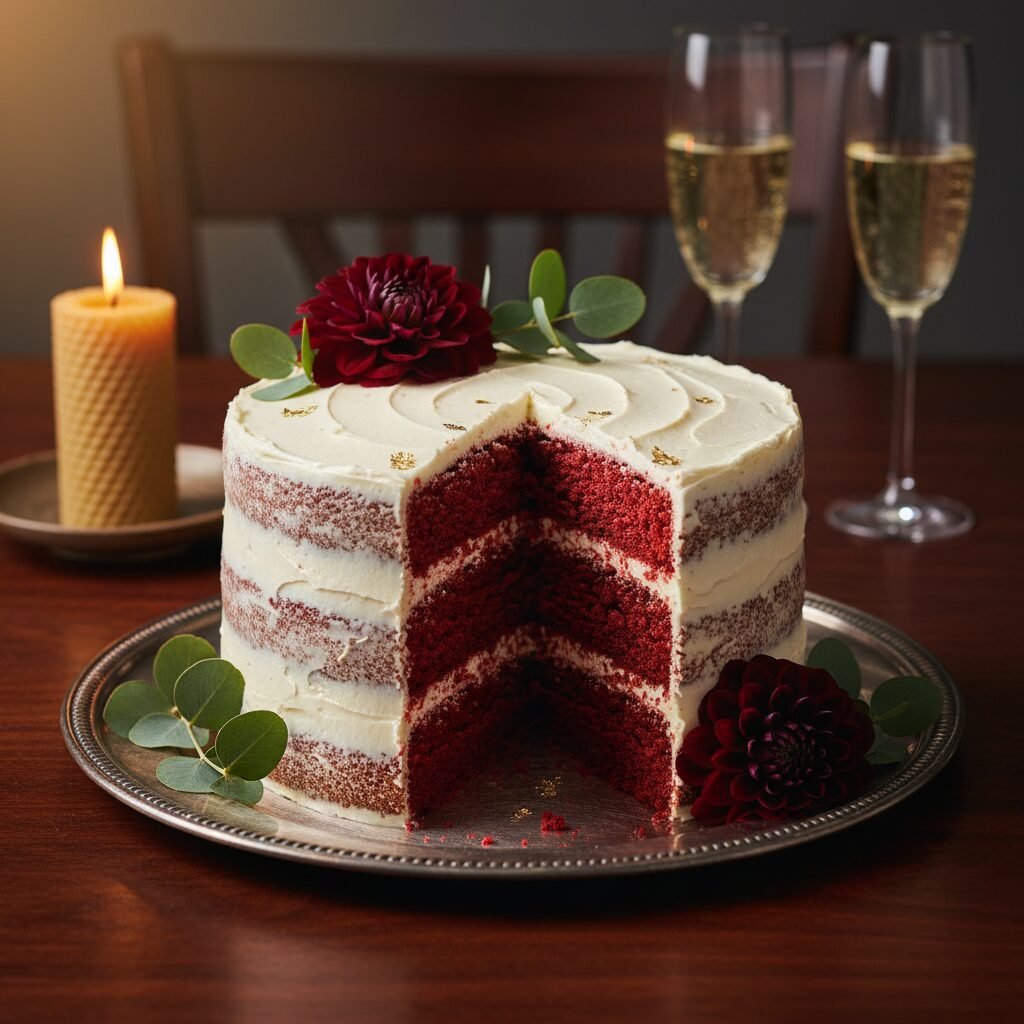 Elegant Red Velvet Anniversary Cake With Naked Frosting Style Recipe