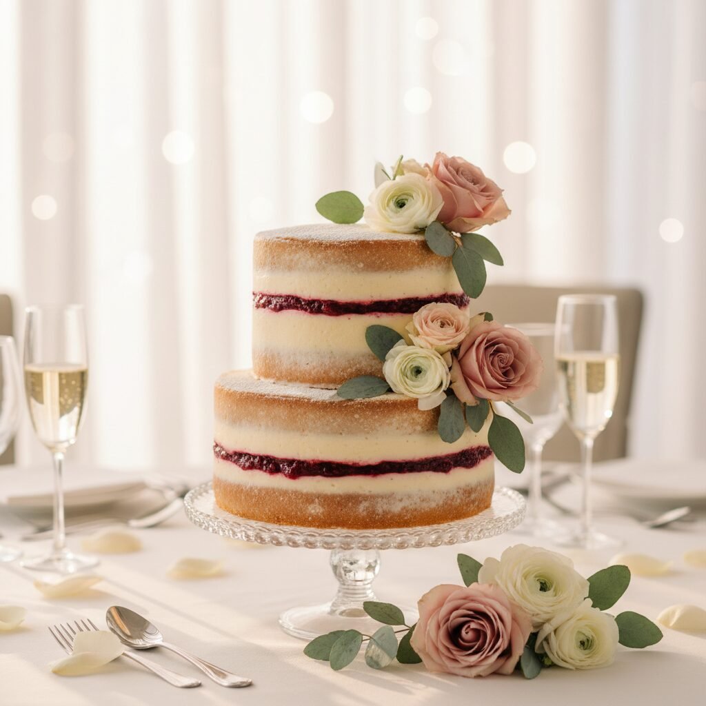 Elegant Vanilla Raspberry Wedding Cake With Fresh Flowers
