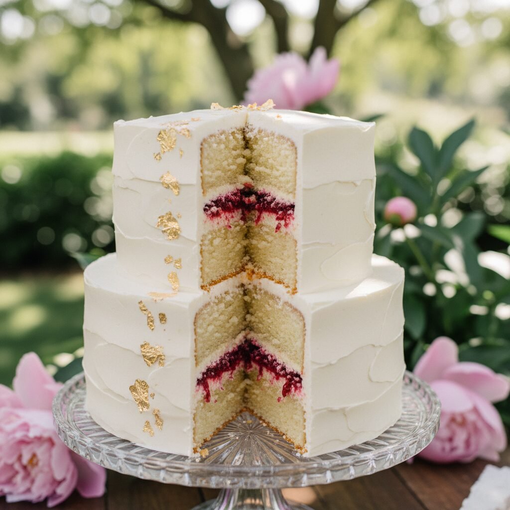Elegant Vanilla Raspberry Wedding Cake With Gold Leaf Decoration