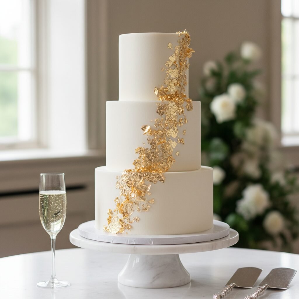 Elegant White Wedding Cake With Gold Leaf Decoration