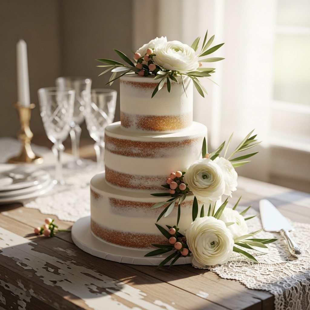 Elegant White Wedding Cake With Naked Frosting Style Recipe