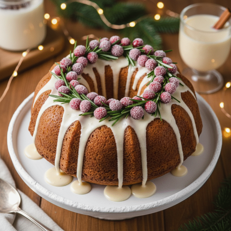 Festive Egg Nog Bundt Cake Decorated Like a Christmas Wreath