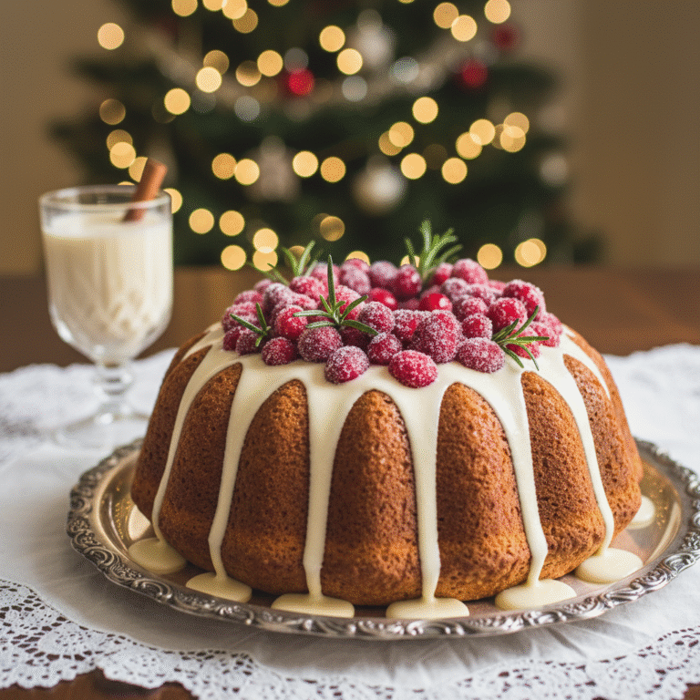 Festive Eggnog Bundt Cake with Sugared Cranberries and Rum Glaze
