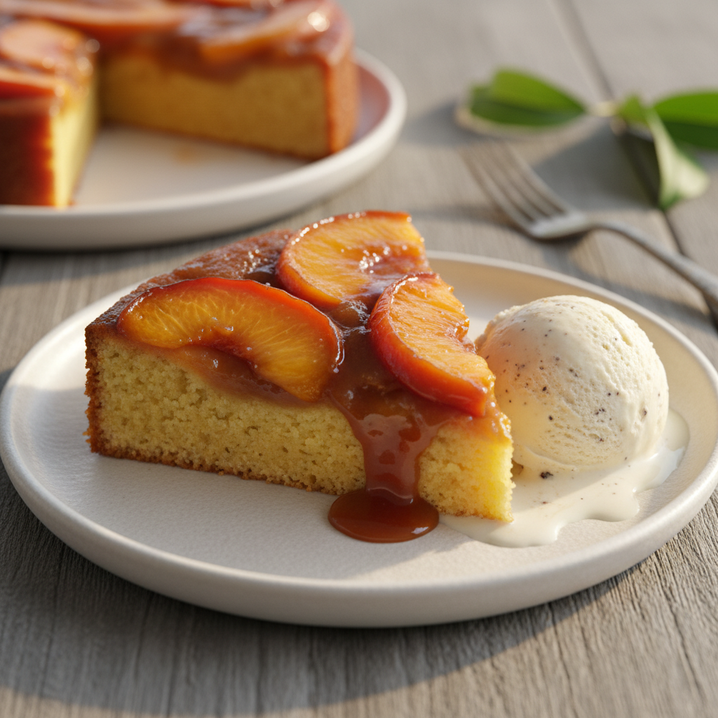 Classic Fresh Peach Upside Down Cake with Brown Sugar Caramel
