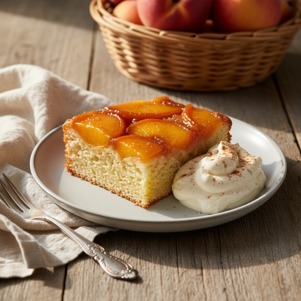 Golden Summer Fresh Peach Upside Down Cake With Cream Cheese Frosting