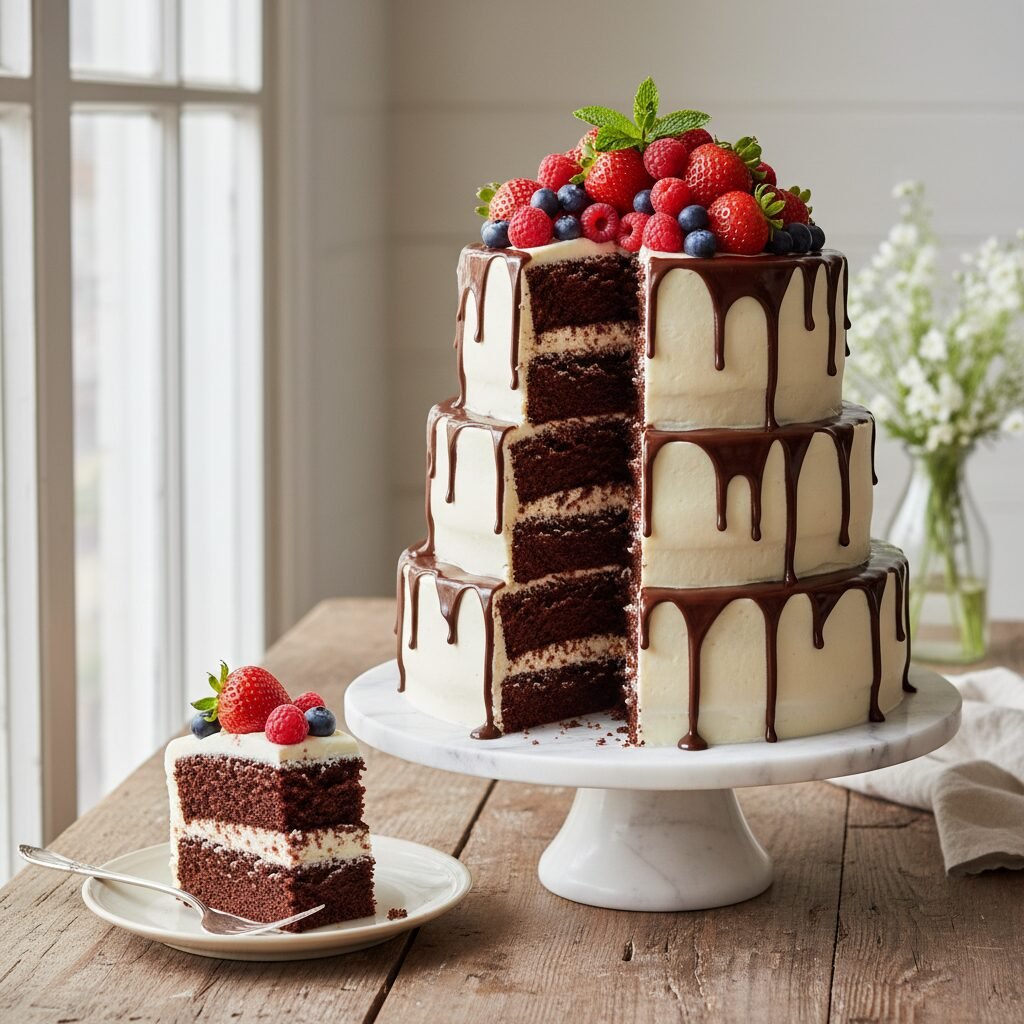 Ultimate Tall Chocolate Drip Cake With Fresh Berries And Cream