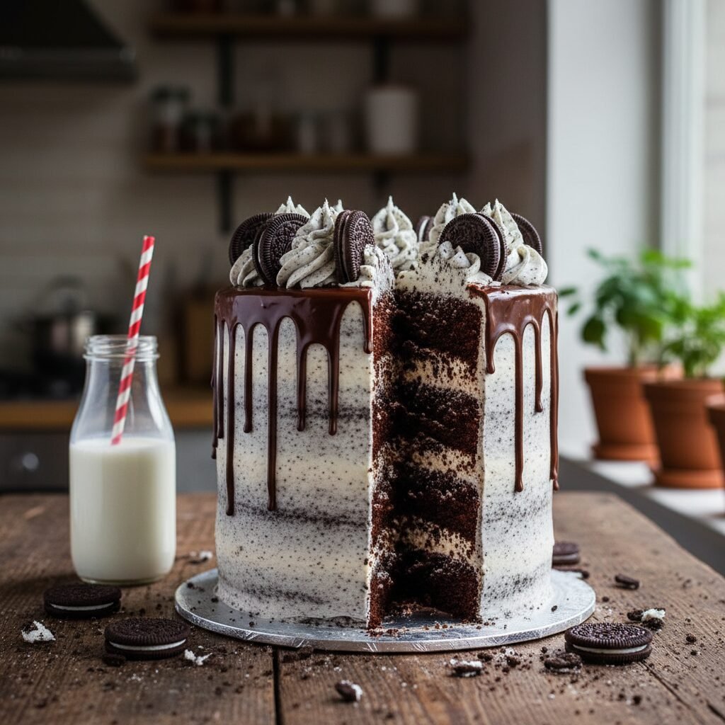Ultimate Tall Oreo Drip Cake with Glossy Dark Chocolate Ganache