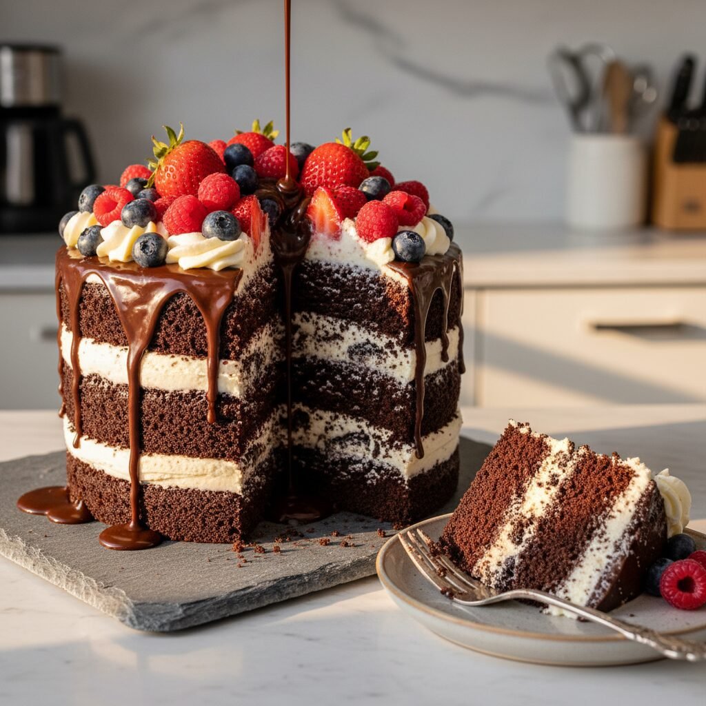 The Ultimate Tall Oreo Drip Cake With Fresh Berries and Cream