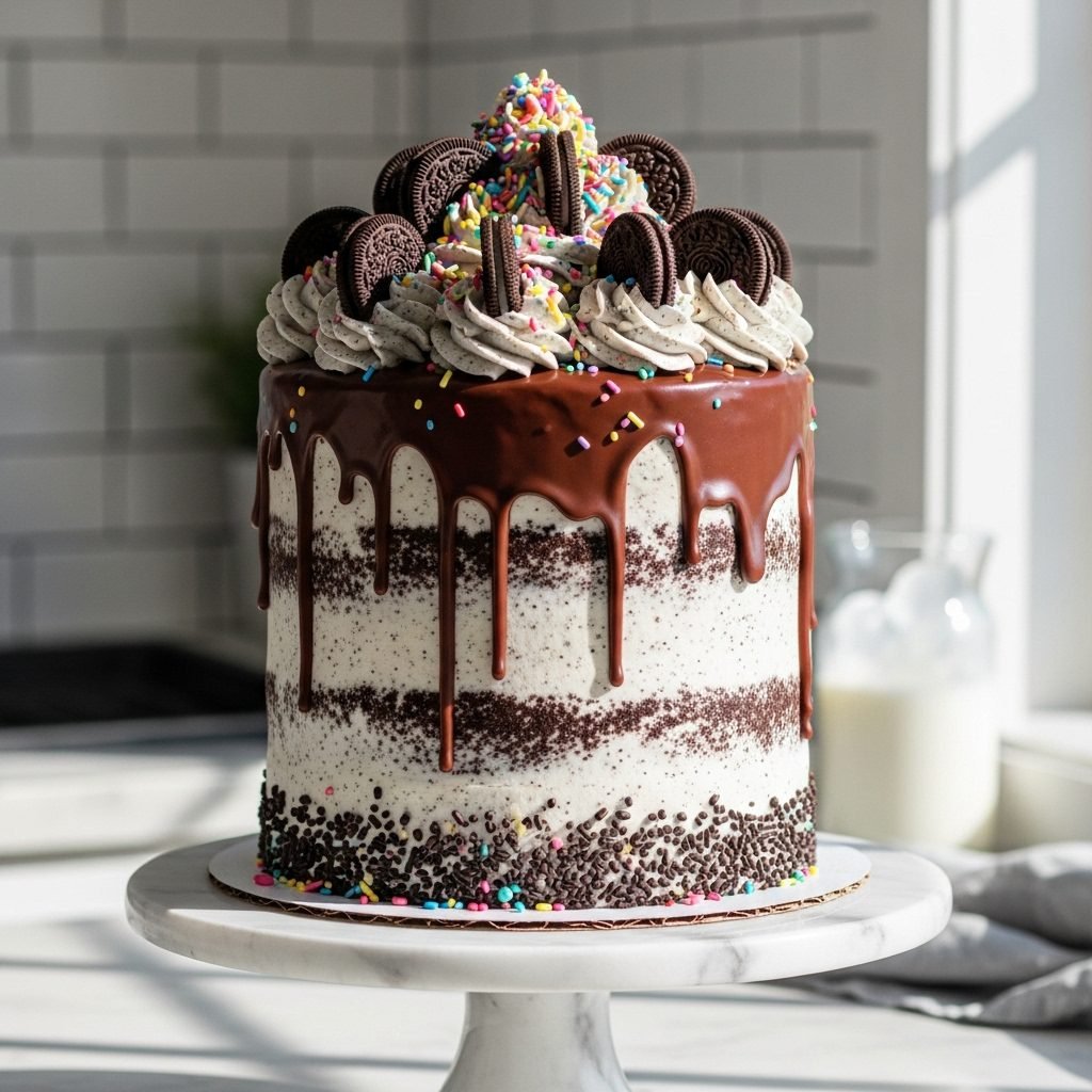 The Ultimate Tall Oreo Drip Cake With Sprinkles