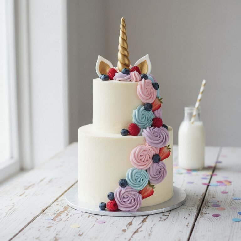 The Ultimate Tall Unicorn Birthday Cake With Fresh Berries And Cream
